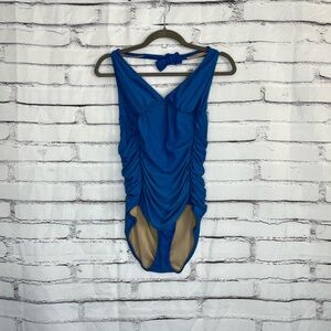 J.Crew Ruched One-Piece Swimsuit Women’s 12 Blue V-Neck Tactel Nylon Summer